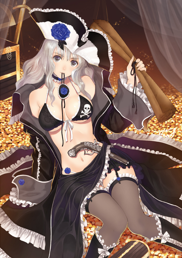 1girl bare_shoulders bikini bikini_top_only black_bikini black_boots black_thighhighs boots breasts choker cleavage coat commentary_request corsair detached_sleeves frills front-tie_bikini_top front-tie_top garter_straps gold grey_eyes grey_hair gun handgun hat holding long_hair long_sleeves medium_breasts mouth_hold navel off_shoulder official_art pirate pirate_hat shining_(series) shining_ark side_slit simple_background sitting skirt skull_and_crossbones skull_print solo stomach swimsuit thighhighs tony_taka treasure_chest treasure_map tricorne velvet_batrass weapon
