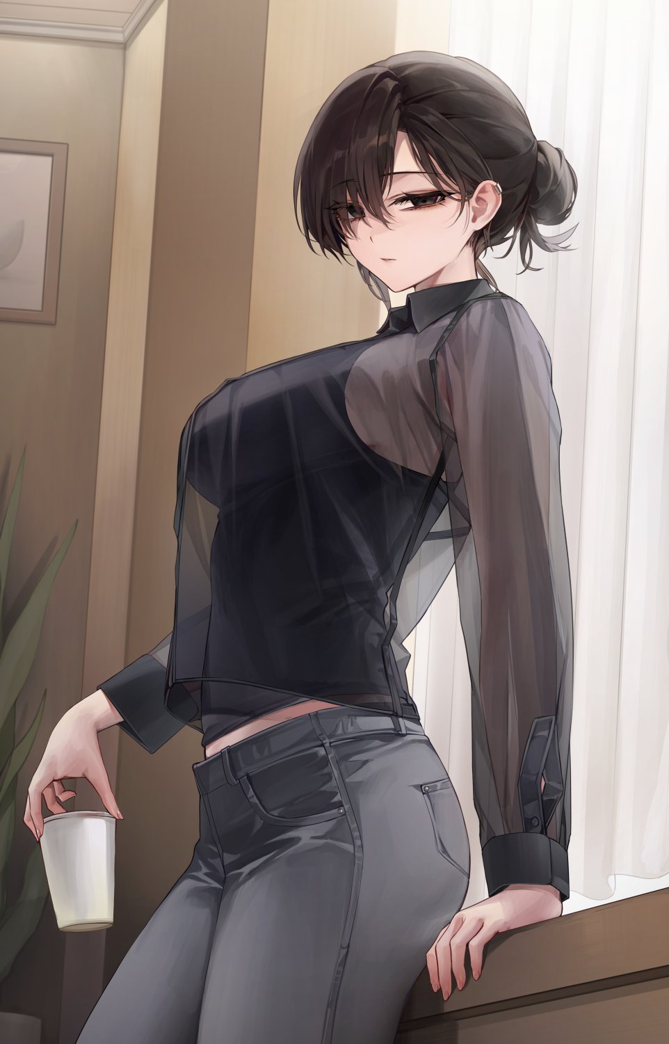 1girl black_eyes black_shirt black_undershirt breasts brown_hair closed_mouth collared_shirt commentary_request cowboy_shot cup curtains denim disposable_cup from_side grey_pants highres holding holding_cup indoors jeans large_breasts looking_at_viewer original pants sabotensuteeki see-through_clothes see-through_shirt shirt short_hair skinny_jeans solo