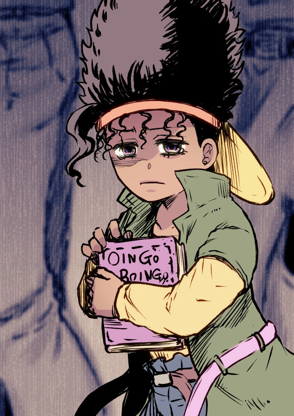 1boy bad_id bad_pixiv_id black_hair book hugging_book child curly_hair dark-skinned_male dark_skin giga_omega hat holding holding_book hugging_object jojo_no_kimyou_na_bouken male_focus oingo purple_eyes solo stardust_crusaders thoth_(stand) visor_cap wavy_hair