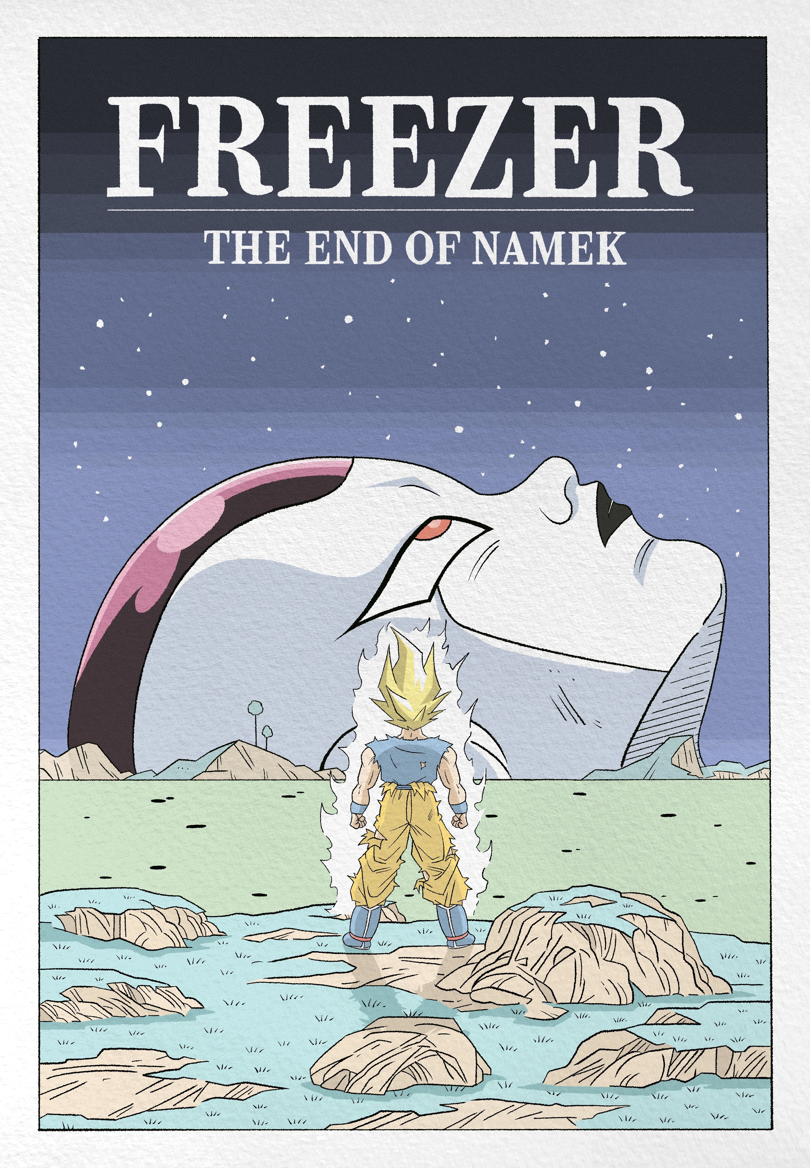 2boys absurdres alien back blue_footwear boots dragon_ball dragonball_z english_text final_form_frieza frieza highres meme multiple_boys neon_genesis_evangelion parody red_eyes science_fiction sky son_goku standing star_(sky) starry_sky super_saiyan super_saiyan_1 the_end_of_evangelion tree wesatinthecar