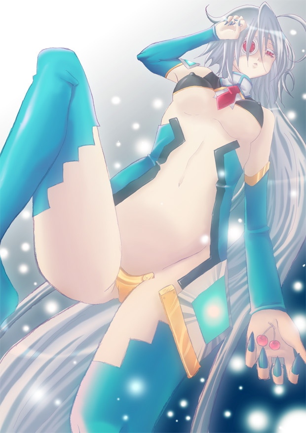 1girl ahoge aqua_nails arc_system_works bad_id bad_pixiv_id blazblue breasts cherry cosplay detached_sleeves covered_erect_nipples artistic_error eyepatch female_focus fingernails food from_below fruit kisui-tiai large_breasts long_fingernails long_hair midriff mu-12 mu-12_(cosplay) nail_polish nu-13 red_eyes revealing_clothes sharp_fingernails silver_hair solo thighhighs underboob very_long_hair