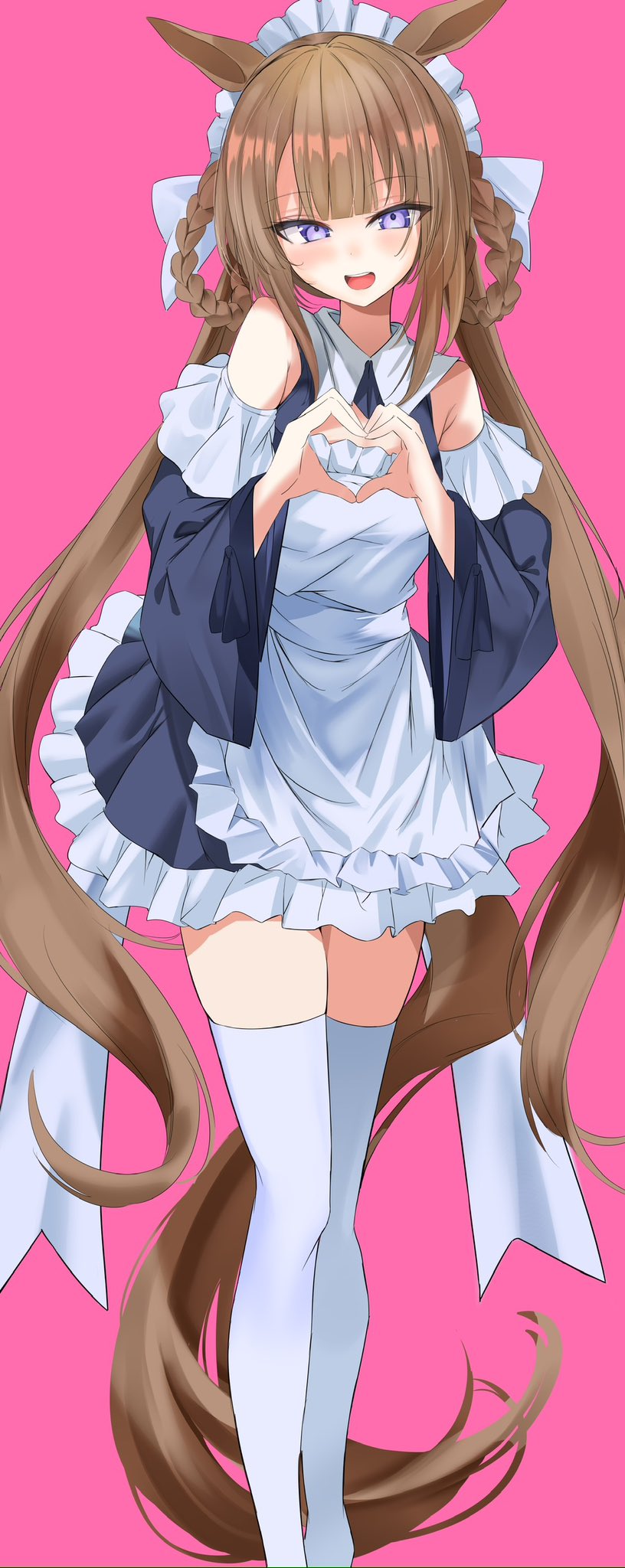 1girl alternate_costume animal_ears blush breasts brown_hair commentary_request detached_sleeves enmaided full_body hair_between_eyes hair_ornament hair_rings heart heart_hands highres horse_ears horse_girl long_hair maid mamezou_(tzakki023) open_mouth pink_background small_breasts solo standing sweep_tosho_(umamusume) umamusume