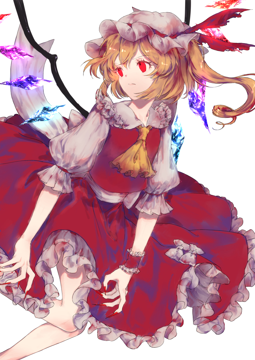 1girl ama_asagi ascot back_bow blonde_hair bow closed_mouth collared_shirt crystal feet_out_of_frame fingernails flandre_scarlet frilled_shirt_collar frilled_skirt frilled_sleeves frills glowing glowing_wings hat hat_ribbon highres large_bow looking_to_the_side medium_hair multicolored_wings nail_polish one_side_up puffy_short_sleeves puffy_sleeves red_eyes red_nails red_ribbon red_skirt red_vest ribbon ribbon-trimmed_headwear ribbon_trim sharp_fingernails shirt short_sleeves simple_background skirt skirt_set sleeve_ribbon touhou vest white_background white_bow white_hat white_shirt wings wrist_cuffs yellow_ascot