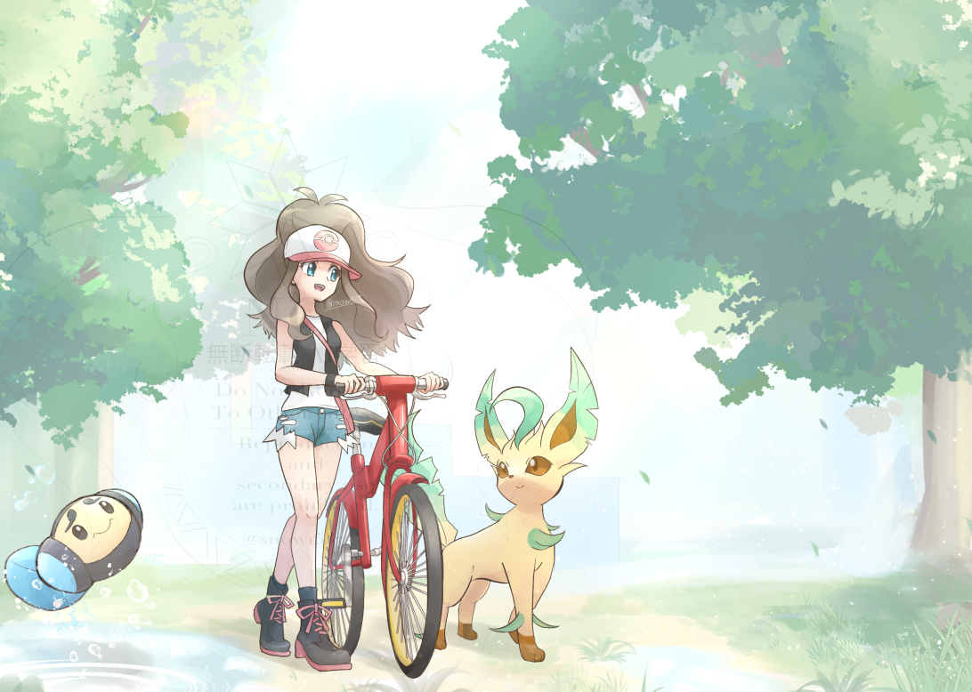 1girl :d bicycle black_footwear black_vest blue_eyes blue_shorts brown_hair full_body gen_4_pokemon gen_5_pokemon hat high_ponytail hilda_(pokemon) leafeon long_hair nintendo open_clothes open_mouth open_vest outdoors pokemon pokemon_(creature) pokemon_bw ponytail pushing_bicycle shirt shoes short_shorts shorts sleeveless sleeveless_shirt smile snow_(ffgf7255) teeth tree twitter_username tympole upper_teeth_only vest white_hat white_shirt