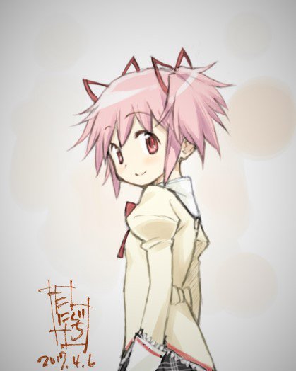 1girl arms_at_sides back_bow bad_id bad_tumblr_id beige_background beige_bow black_skirt bow dated dot_nose female_focus flat_chest grey_background hair_ribbon happy high_collar juliet_sleeves kaname_madoka long_sleeves looking_at_viewer looking_back mahou_shoujo_madoka_magica mahou_shoujo_madoka_magica_(anime) mitakihara_school_uniform neck_ribbon pink_eyes pink_hair plaid_clothes plaid_skirt puffy_sleeves red_ribbon ribbon school_uniform short_twintails simple_background skirt smile solo taniguchi_jun&#039;ichirou tareme twintails upper_body