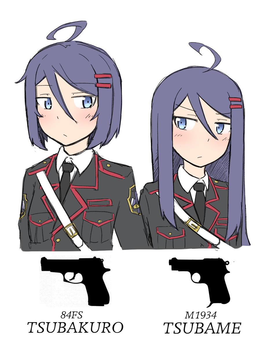 2girls ahoge bad_id bad_pixiv_id beretta_cheetah beretta_m1934 bismuth_(paravene) blue_eyes blue_hair blush gun gun_sling hair_ornament hairclip handgun highres long_hair military military_uniform multiple_girls necktie original patch pistol short_hair weapon
