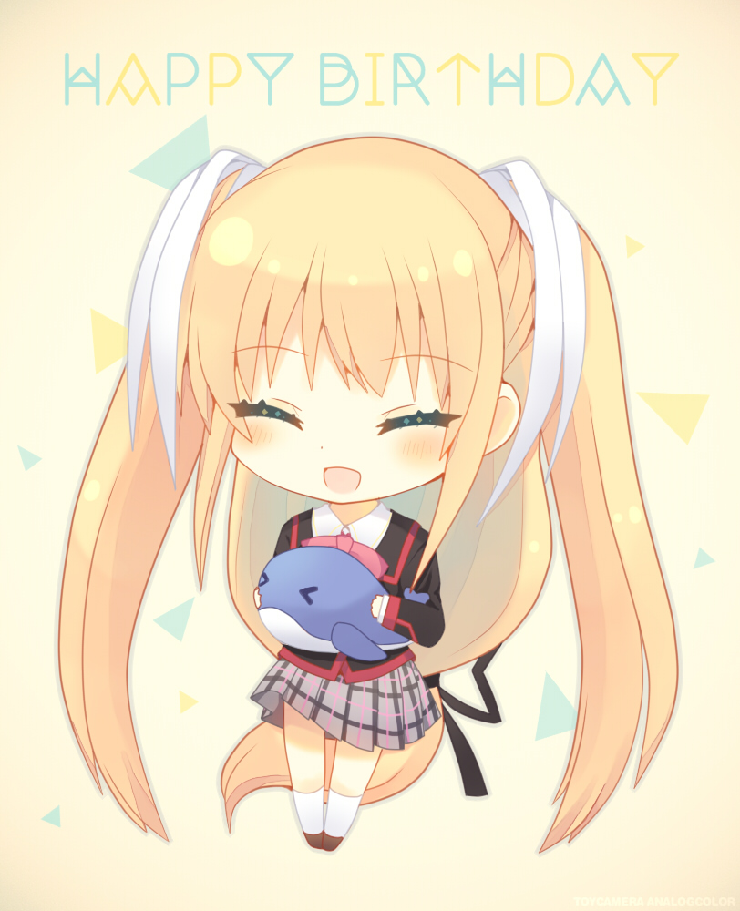 &gt;_&lt; 1girl :d ^_^ aiyan black_ribbon blonde_hair blush chibi closed_eyes commentary_request confetti eyelashes facing_viewer grey_skirt hair_between_eyes hair_ribbon happy happy_birthday holding holding_stuffed_toy little_busters! little_busters!_school_uniform long_hair low-tied_long_hair miniskirt open_mouth plaid_clothes plaid_skirt pleated_skirt ribbon school_uniform simple_background skirt smile socks solo standing straight_hair stuffed_animal stuffed_dolphin stuffed_toy tokido_saya two_side_up very_long_hair white_ribbon white_socks yellow_background