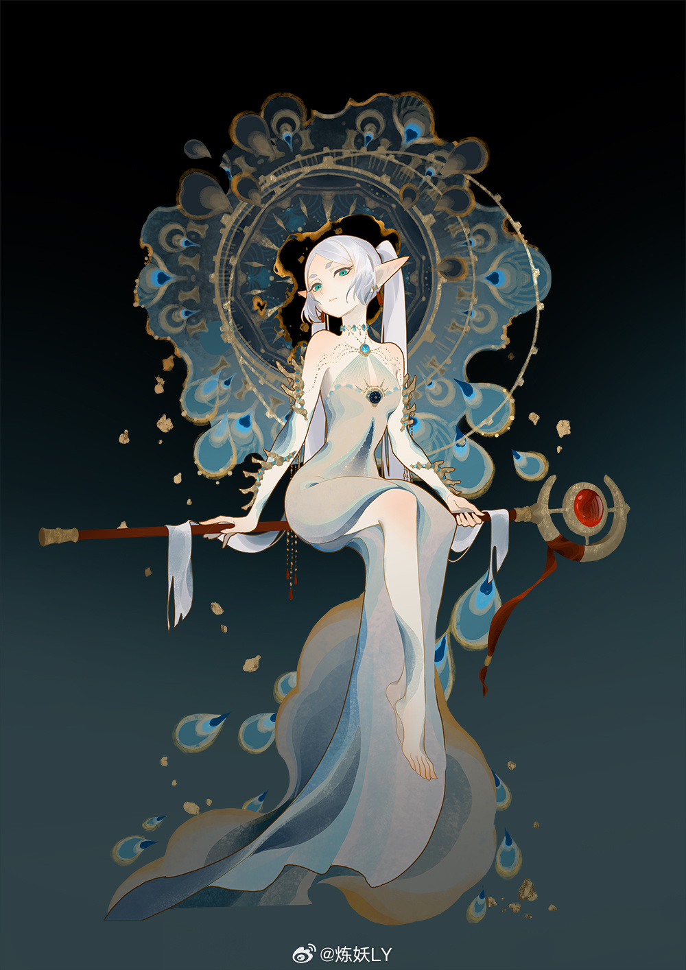 1girl aqua_brooch aqua_eyes aqua_gemstone barefoot closed_mouth commentary_request dress earrings elf frieren full_body gradient_background grey_dress highres hikimayu jewelry lian_yao long_dress looking_at_viewer mage_staff necklace pointy_ears short_eyebrows solo sousou_no_frieren staff_riding thick_eyebrows watermark weibo_watermark white_hair