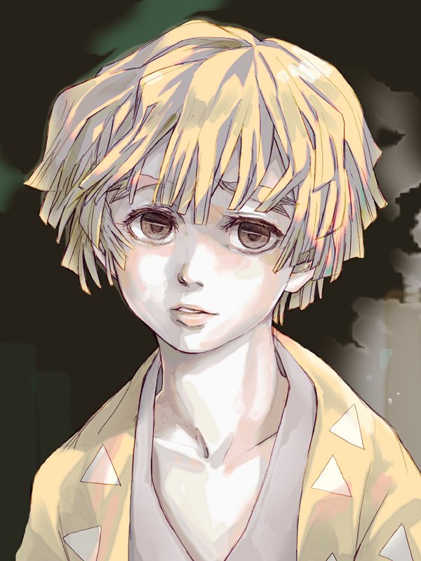 1boy agatsuma_zenitsu androgynous black_background blonde_hair brown_eyes collarbone commentary_request eyelashes forked_eyebrows hijirino_yuuta japanese_clothes kimetsu_no_yaiba kishimen_hair looking_at_viewer parted_lips short_hair smoke triangle_print upper_body