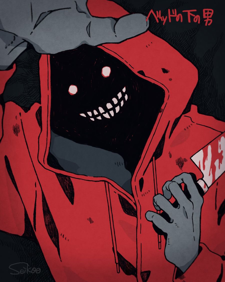 1boy artist_name axeman_(toshi_densetsu_kaitai_center) black_background blood bloody_knife coat commentary_request face_in_shadow hands_up holding holding_knife hood hood_up hooded_coat horror_(theme) knife looking_at_viewer male_focus red_coat seikoo_caffeine smile solo teeth toshi_densetsu_kaitai_center translation_request upper_body white_eyes