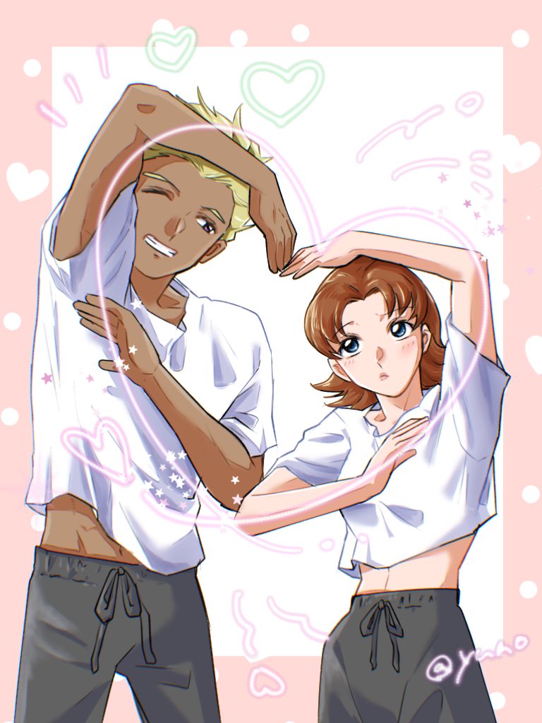 blonde_hair brown_hair couple curico2810 dearka_elsman flirting gundam gundam_seed gundam_seed_destiny heart heart_hands miriallia_haw mobile_suit