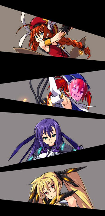 00s 4girls agito agito_(nanoha) armpits blonde_hair blue_eyes braid fate_testarossa ginga_nakajima green_eyes hair_ribbon hat lyrical_nanoha magical_girl mahou_shoujo_lyrical_nanoha mahou_shoujo_lyrical_nanoha_strikers multiple_girls nekomamire purple_hair red_eyes red_hair ribbon twin_braids twintails vita_(nanoha)