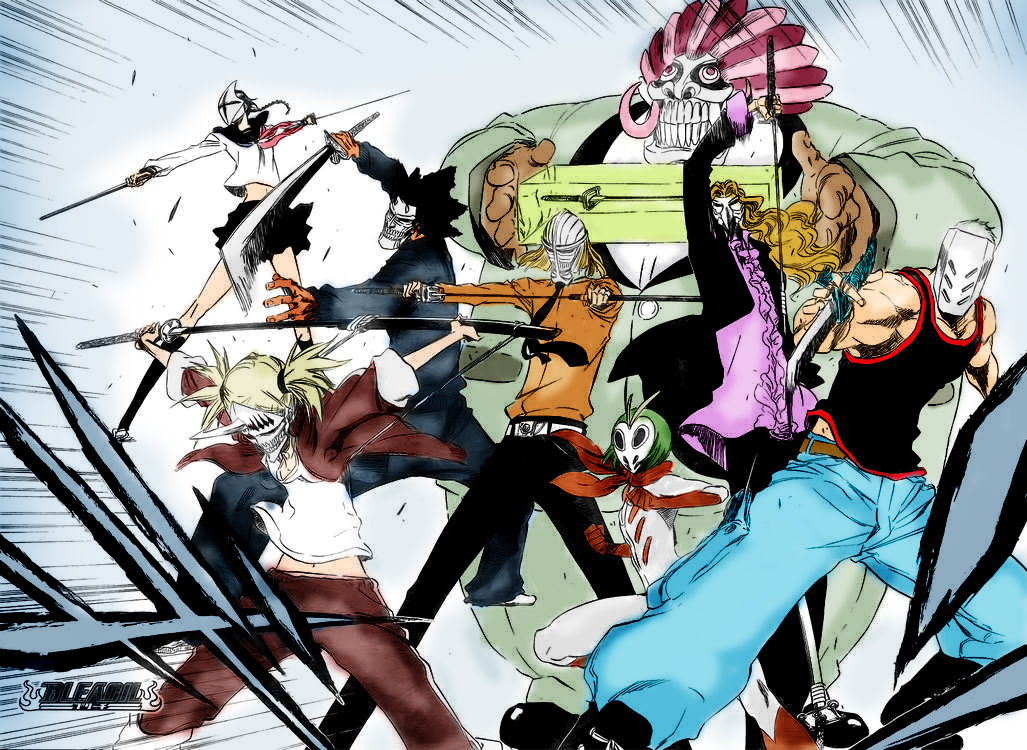 aikawa_love bleach hirako_shinji kuna_mashiro mask muguruma_kensei ootoribashi_roujuurou sarugaki_hiyori sword tagme ushouda_hachigen weapon yadoumaru_lisa