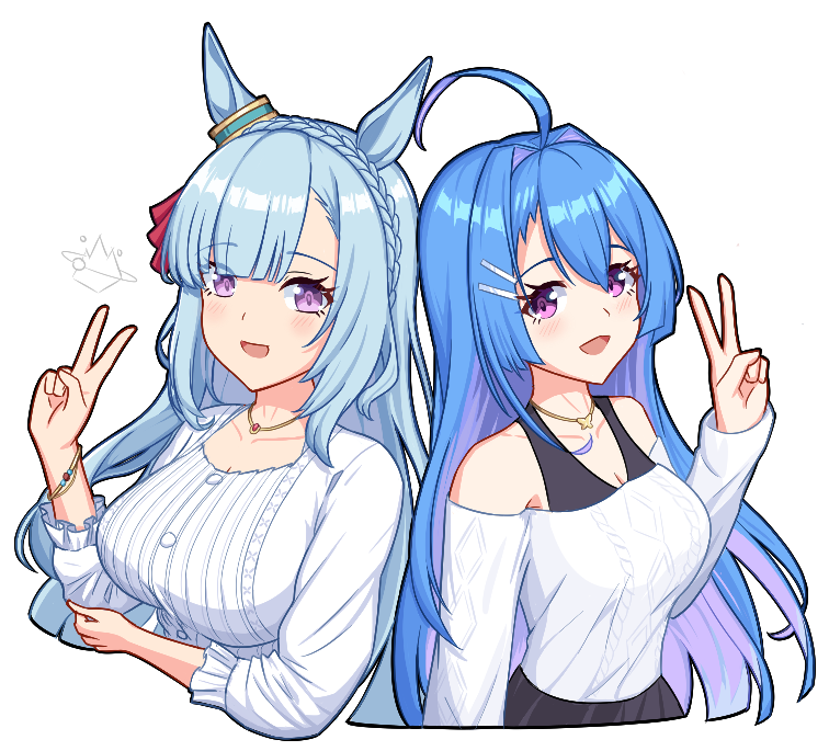 2girls animal_ears arm_under_breasts artist_logo azur_lane black_skirt blue_hair blush bracelet braid breasts cleavage commentary crown_braid ear_ornament english_commentary hair_between_eyes hair_intakes helena_(azur_lane) horse_ears horse_girl jewelry large_breasts light_blue_hair logo long_hair long_sleeves looking_at_viewer medium_breasts mejiro_ardan_(umamusume) mouhantain multiple_girls necklace off-shoulder_sweater off_shoulder open_mouth purple_eyes simple_background skirt smile sweater umamusume upper_body v very_long_hair white_background white_sweater