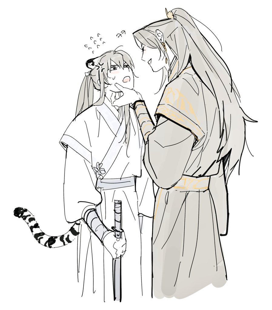 2boys anger_vein animal_ears black_eyes black_hair black_sash blue_sash chinese_clothes closed_eyes cowboy_shot dailysarndean earrings flying_sweatdrops gold_earrings half_updo hand_on_another&#039;s_face hanfu holding holding_sword holding_weapon jewelry jinhongi kemonomimi_mode korean_commentary long_hair long_sleeves looking_at_another male_focus multiple_boys open_mouth sash seol_young simple_background sweatdrop sword tail tiger_boy tiger_ears tiger_tail weapon white_background white_hanfu xiao_guan_(headdress) zaha zhijupao