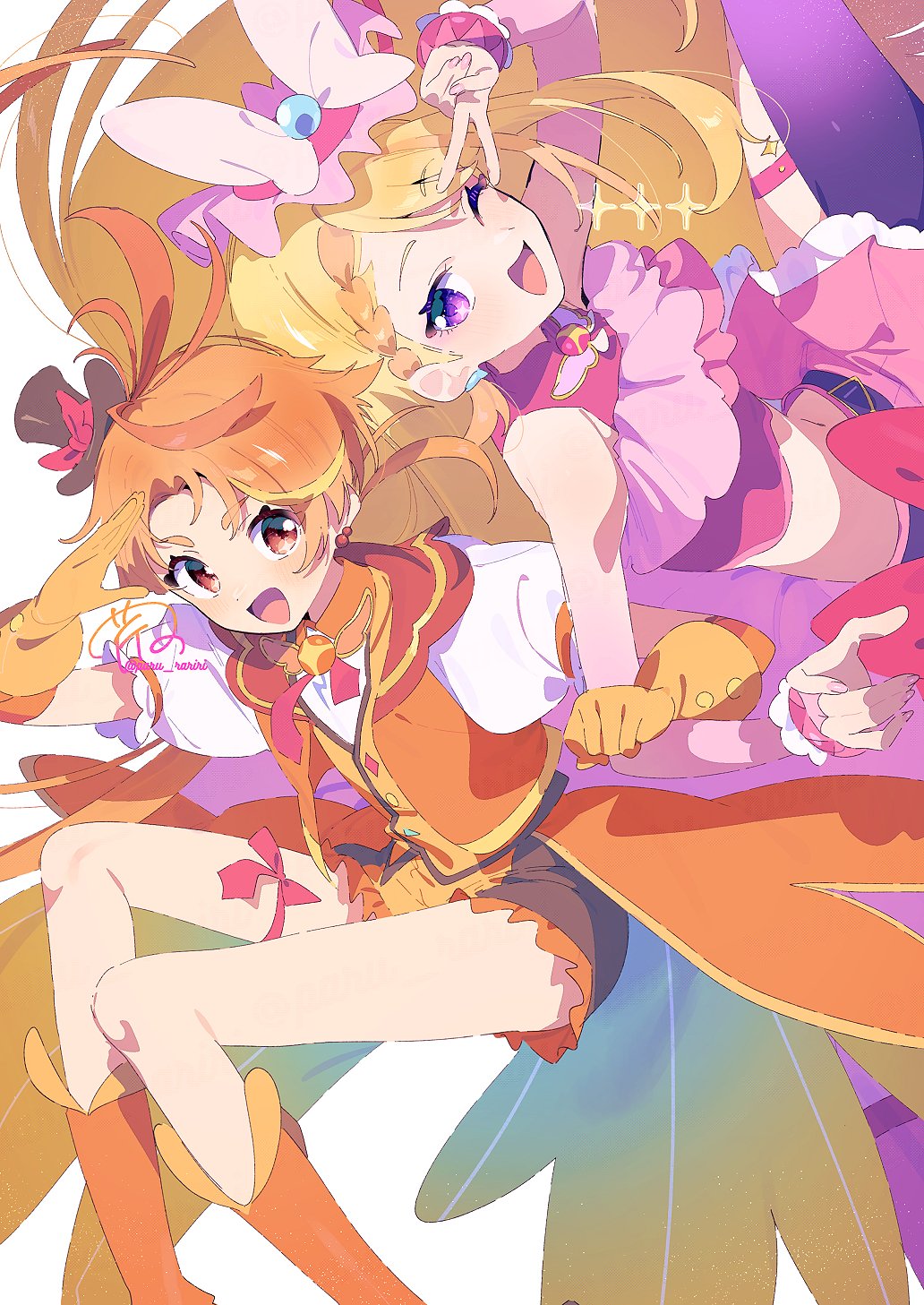 1boy 1girl bare_shoulders belt black_belt black_hat black_shorts blonde_hair boots bow bow_legwear bracelet braid buttons clenched_hand coat coattails collared_coat commentary_request crop_top cure_butterfly cure_wing detached_sleeves diamond_button eyelashes feet_out_of_frame floating_clothes floating_hair frilled_bracelet frilled_shirt frilled_shorts frilled_skirt frilled_sleeves frills gloves hair_bow happy hat hat_bow highres hijiri_ageha hirogaru_sky!_precure invisible_chair jewelry locked_arms long_hair long_sleeves magical_boy magical_girl midriff mini_hat mini_top_hat miniskirt multicolored_hair nail_polish neck_ribbon one_eye_closed orange_boots orange_coat orange_eyes orange_gloves orange_hair paru_rari pink_nails pink_shirt pink_skirt pink_sleeves pleated_skirt precure puffy_short_sleeves puffy_sleeves purple_eyes red_bow red_ribbon ribbon salute shirt short_hair short_sleeves shorts signature simple_background single_braid sitting skirt sleeveless sleeveless_coat sleeveless_shirt streaked_hair thick_eyebrows thighs top_hat twitter_username two-sided_coat two-sided_fabric v very_long_hair white_background white_bow white_shirt yuunagi_tsubasa