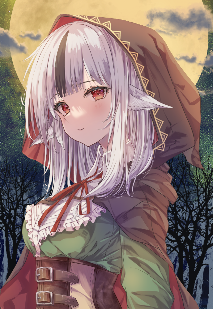 1girl animal_ears black_hair blush cape cloud commentary_request corset dress fang fire_emblem fire_emblem_fates fuussu_(21-kazin) green_dress grey_hair hood hood_up hooded_cape long_hair long_sleeves looking_at_viewer moon multicolored_hair neck_ribbon night night_sky nintendo outdoors red_cape red_eyes red_ribbon ribbon sky solo star_(sky) streaked_hair tongue tongue_out tree two-tone_hair velouria_(fire_emblem) wolf_ears