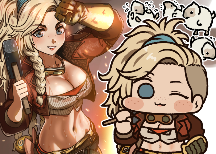 1girl ;3 blonde_hair blue_eyes blush_stickers braid breasts chibi clenched_hand flying_sweatdrops freckles gemma_(monster_hunter_wilds) gloves goggles goggles_around_neck grin hammer holding holding_hammer jacket jazz_jack large_breasts long_hair looking_at_viewer midriff monster_hunter_(series) monster_hunter_wilds multiple_views navel one_eye_closed ponytail seikret_(monster_hunter) smile sweat