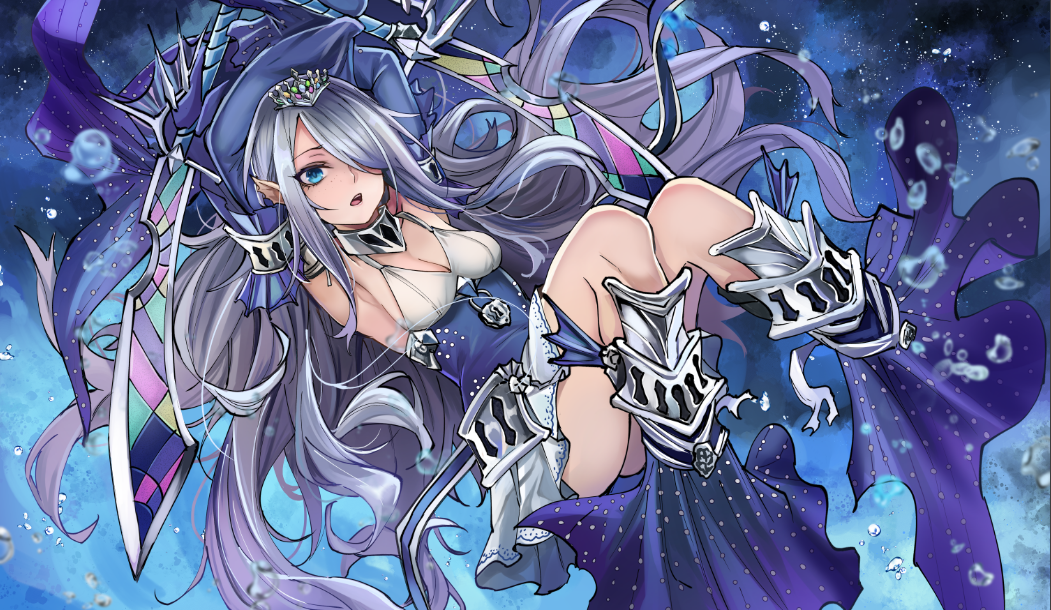 1girl arms_behind_head arms_up blue_eyes bubble crossed_arms detached_sleeves dual_wielding duel_monster fins full_body grey_hair head_fins holding holding_sword holding_weapon jeffrey10 mermaid monster_girl open_mouth skirt sky sleeves_past_wrists solo star_(sky) starry_sky sword tearlaments_havnis teeth tiara upper_teeth_only weapon white_skirt yu-gi-oh!