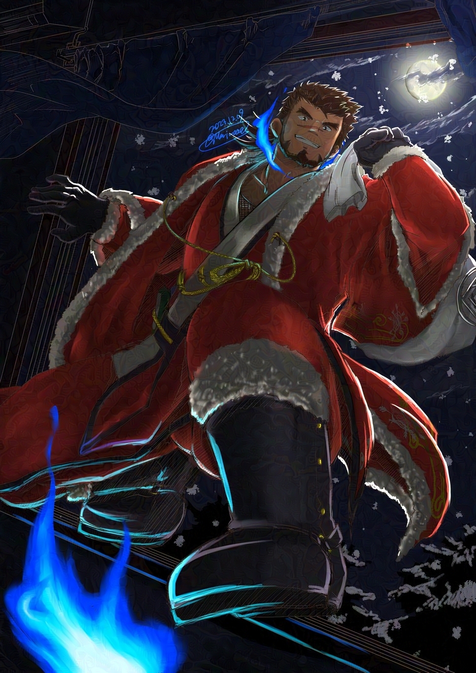 1boy abs bara beard black_hair blue_fire breaking_through_window christmas dark-skinned_male dark_skin facial_hair facial_scar fire forked_eyebrows from_below full_beard full_body full_moon grin highres hitodama looking_at_viewer male_focus mario_(mariwoaa) mature_male moon sack sandayu_(housamo) santa_costume scar scar_on_cheek scar_on_face short_hair smile snowing thick_beard tokyo_houkago_summoners