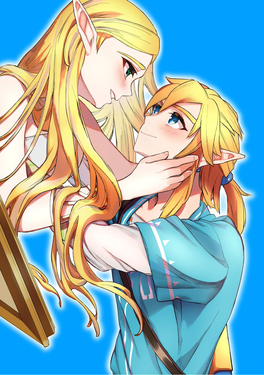 1boy 1girl ao_haruki blonde_hair blue_background blue_eyes blue_tunic bracelet champion&#039;s_tunic_(zelda) closed_mouth dress eye_contact green_eyes hand_on_another&#039;s_cheek hand_on_another&#039;s_face hetero jewelry layered_sleeves link long_hair long_sleeves looking_at_another nintendo outline parted_lips pointy_ears ponytail princess_zelda short_hair short_over_long_sleeves short_ponytail short_sleeves sidelocks simple_background smile sword sword_on_back the_legend_of_zelda the_legend_of_zelda:_breath_of_the_wild tunic weapon weapon_on_back white_dress white_outline