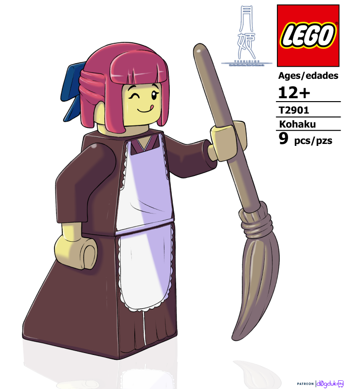 1girl apron arm_up blue_bow bow broom brown_dress d0gduk dress hair_bow hair_ribbon holding holding_broom kohaku_(tsukihime) lego lego_minifig maid maid_apron one_eye_closed pink_hair reflective_floor ribbon short_hair tongue tongue_out tsukihime watermark