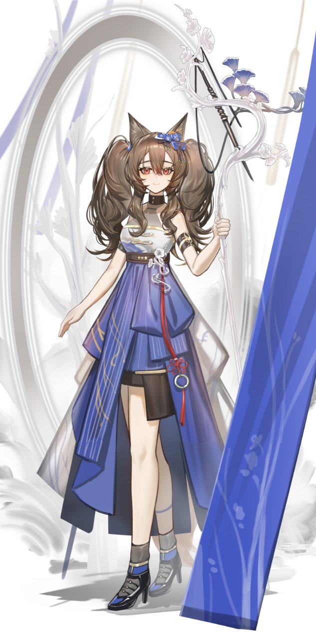 1girl ambience_synesthesia angelina_(ambience_synesthesia_2025)_(arknights) angelina_(arknights) animal_ear_fluff animal_ears arknights armlet bare_shoulders belt black_belt black_choker black_shoes black_socks blue_dress blue_flower brown_hair choker dot_nose double-parted_bangs dress flower fox_ears full_body hair_between_eyes hair_flower hair_ornament high_belt high_heels highres holding holding_staff jewelry long_hair looking_at_viewer official_alternate_costume red_eyes shale shoes sleeveless sleeveless_dress smile socks solo staff standing tassel twintails white_background