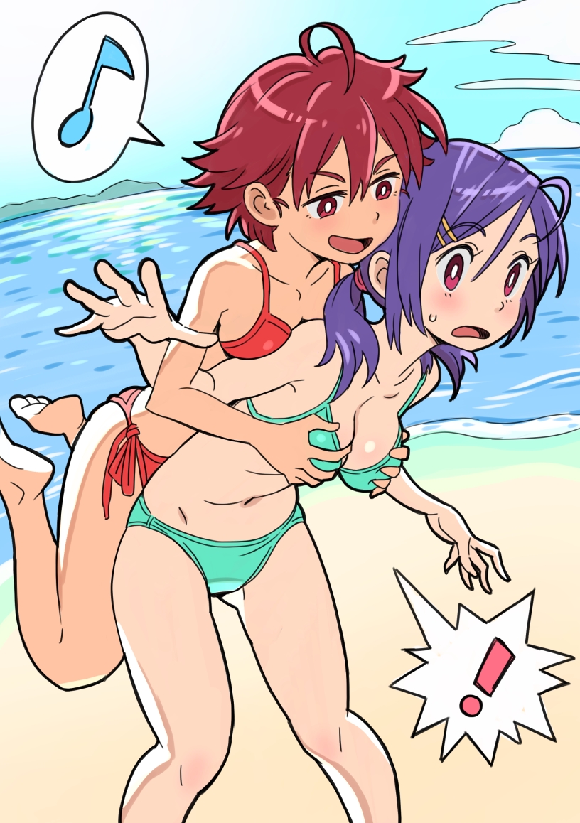 ! 2girls ahoge beach bikini day grabbing_another&#039;s_breast grabbing_from_behind groping jitsusan low_twintails multiple_girls musical_note ocean original outdoors purple_hair red_bikini red_hair short_hair side-tie_bikini_bottom speech_bubble spoken_exclamation_mark spoken_musical_note swimsuit twintails yuri