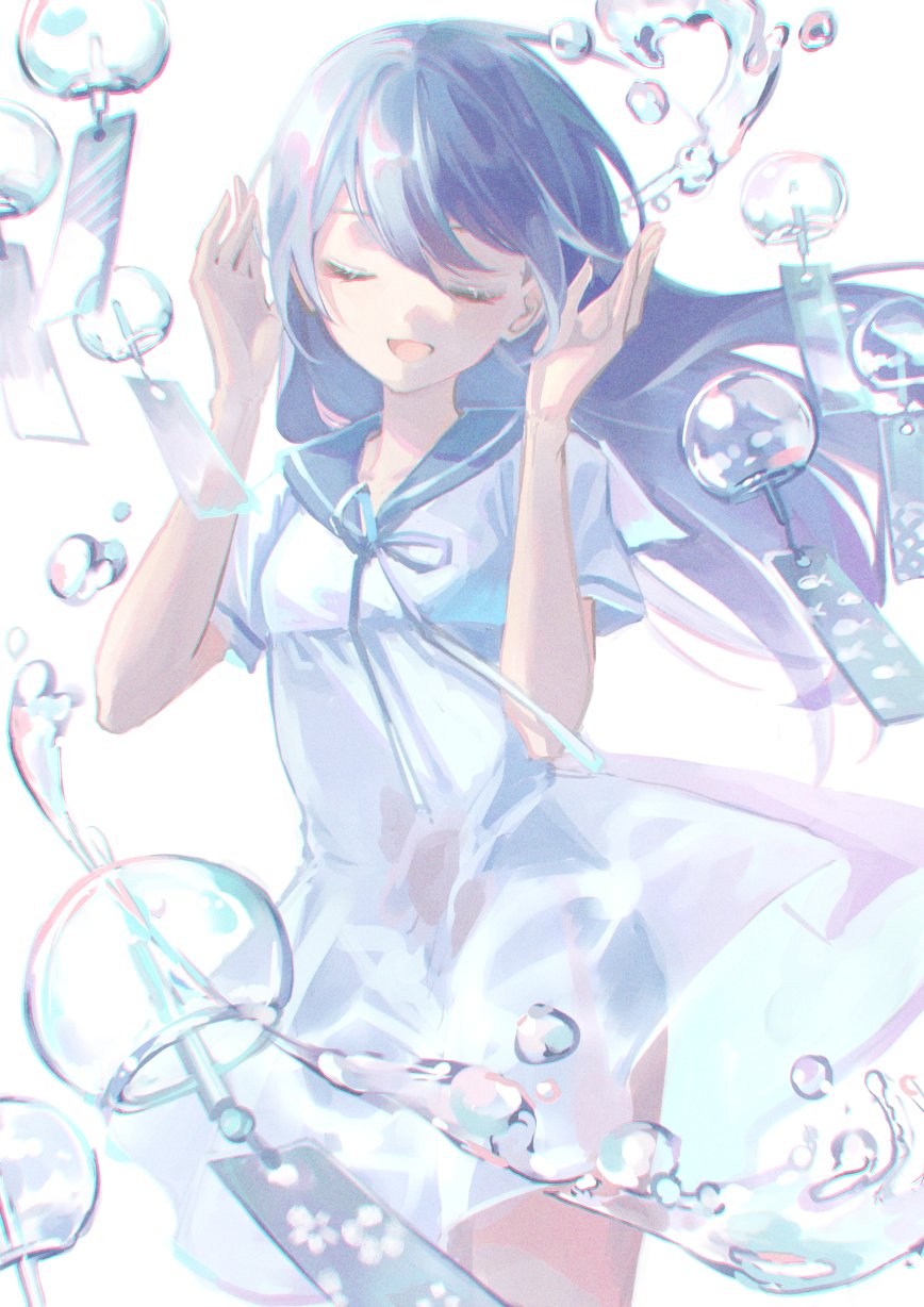 1girl blue_hair blue_sailor_collar closed_eyes commentary_request cowboy_shot dress facing_viewer hands_up highres long_hair marutani neck_ribbon open_mouth original ribbon sailor_collar sailor_dress short_sleeves smile solo standing water water_drop white_dress wind wind_chime wind_lift