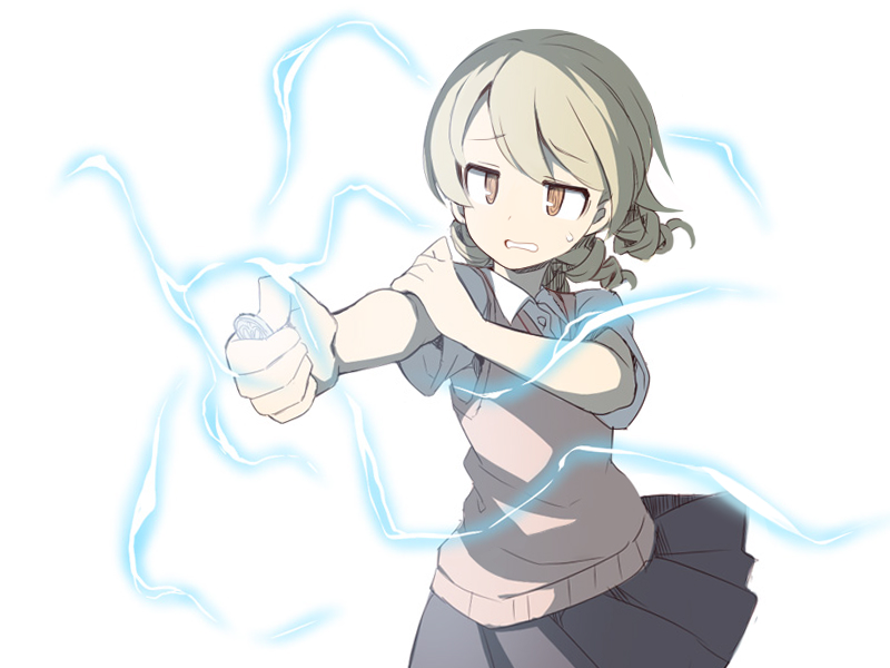1girl @_@ aiming blonde_hair brown_eyes brown_sweater_vest coin collared_shirt cosplay electricity electrokinesis holding holding_coin holding_own_arm idolmaster idolmaster_cinderella_girls medium_hair miniskirt misaka_mikoto misaka_mikoto_(cosplay) morikubo_nono pleated_skirt psychic railgun_(misaka_mikoto) revision ringlets school_uniform shirt simple_background skirt sleeves_rolled_up solo summer_uniform sweat sweater_vest toaru_kagaku_no_railgun toaru_majutsu_no_index tokiwadai_school_uniform uccow white_background