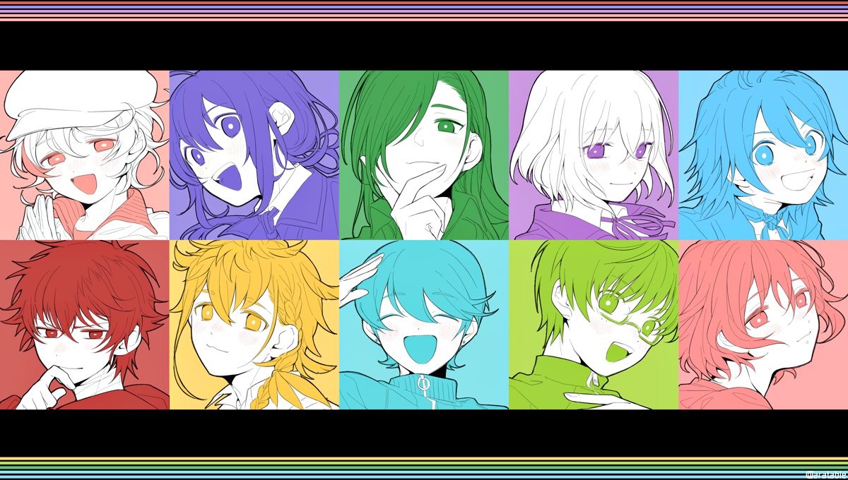 6+boys :3 :d blush chiganemaru_(touken_ranbu) closed_eyes earrings feather_earrings feathers gloves grin hair_over_one_eye hanjin_(touken_ranbu) hat hetaratable hizen_tadahiro honebami_toushirou horikawa_kunihiro jewelry kotegiri_gou long_hair looking_at_viewer low_ponytail male_focus mole mole_under_eye monoyoshi_sadamune multicolored_background multiple_boys namazuo_toushirou nikkari_aoe open_mouth own_hands_together ponytail salute short_hair smile touken_ranbu upper_body urashima_kotetsu