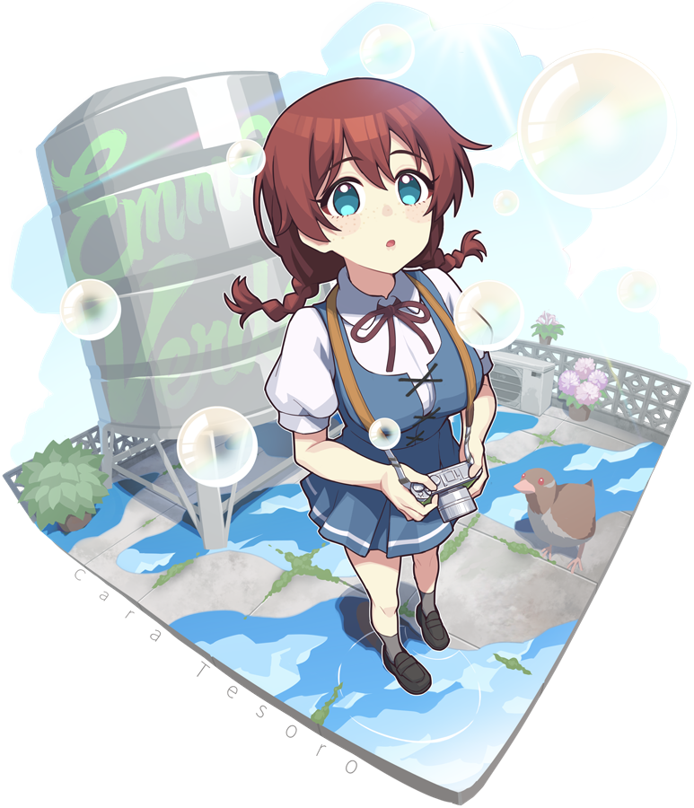 1girl :o alpha_transparency bird black_shoes blue_dress blue_eyes blush_stickers border braid breasts brown_hair brown_ribbon cara_tesoro character_name collared_shirt commentary_request condenser_unit dress dress_shirt emma_verde flower freckles grey_socks large_breasts loafers long_hair love_live! love_live!_nijigasaki_high_school_idol_club love_live!_nijigasaki_high_school_idol_club_the_movie_-_finale low_twin_braids neck_ribbon parted_lips pink_flower pleated_dress puffy_short_sleeves puffy_sleeves purple_dress ribbon shirt shoes short_dress short_sleeves soap_bubbles socks solo song_name transparent_border twin_braids waste-man water_tank white_shirt