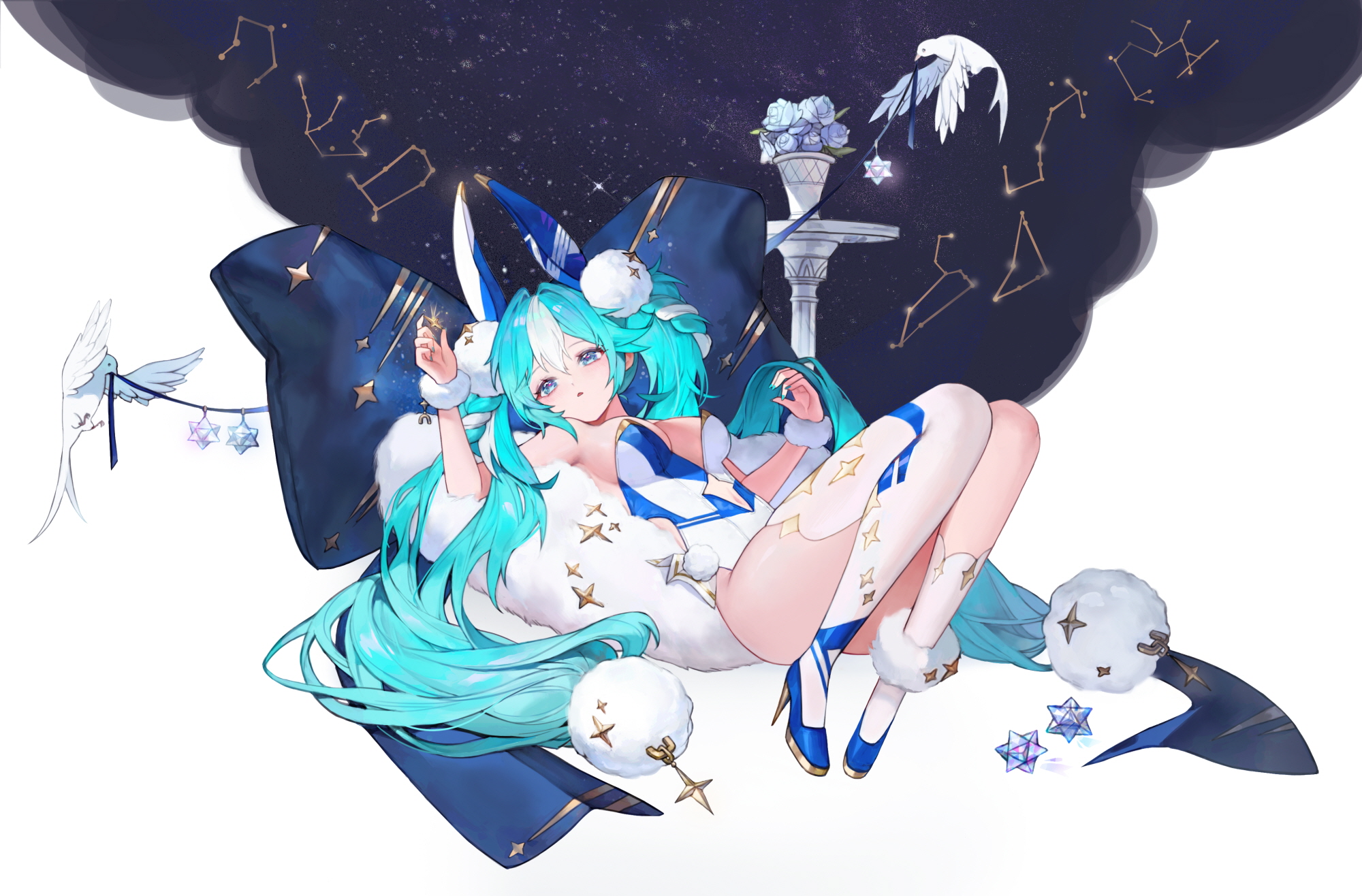 1girl alternate_costume animal_ears aqua_hair aqua_nails aquarius_(constellation) asymmetrical_legwear bird blue_bow blue_eyes blue_footwear bow breasts capricorn_(constellation) clothing_cutout constellation fake_animal_ears fur_anklet fur_wrist_cuffs gemini_(constellation) hatsune_miku high_heels highres leo_(constellation) leotard libra_(constellation) long_hair lying medium_breasts mismatched_legwear multicolored_hair multicolored_leotard nail_polish navel_cutout on_back parted_lips playboy_bunny rabbit_ears sagittarius_(constellation) scorpius_(constellation) sidelocks single_thighhigh soha_(littlesummerpe) solo stellated_octahedron strapless strapless_leotard thighhighs twintails two-tone_hair two-tone_leotard very_long_hair vocaloid white_bird white_hair wrist_cuffs