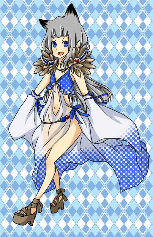 1girl animal_ears argyle_background blue_background blue_dress blue_eyes blunt_bangs blush brown_sandals commentary_request dress fox_ears fox_girl full_body fur_collar grey_hair long_hair looking_at_viewer meiko_(nattu303) navel open_mouth platform_sandals ragnarok_online sandals short_bangs sleeveless sleeveless_dress smile solo sorcerer_(ragnarok_online) white_dress