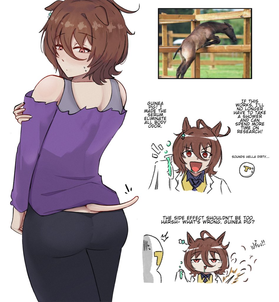 1boy 1girl agnes_tachyon_(casual)_(umamusume) agnes_tachyon_(tach-nology)_(umamusume) agnes_tachyon_(umamusume) ahoge animal_ears black_pants bra_strap brown_hair casual closed_mouth coat earrings english_text hair_between_eyes holding holding_test_tube horse_ears horse_girl horse_tail huge_ahoge jewelry johnholl0w lab_coat long_sleeves medium_hair necktie off-shoulder_shirt off-shoulder_sweater off_shoulder open_mouth pants photo_inset purple_shirt purple_sweater red_eyes reference_photo shirt short_necktie single_earring sleeves_past_fingers sleeves_past_wrists smile sweat sweater t-head_trainer_(umamusume) tail test_tube trainer_(umamusume) umamusume white_coat wolf_cut yellow_sweater