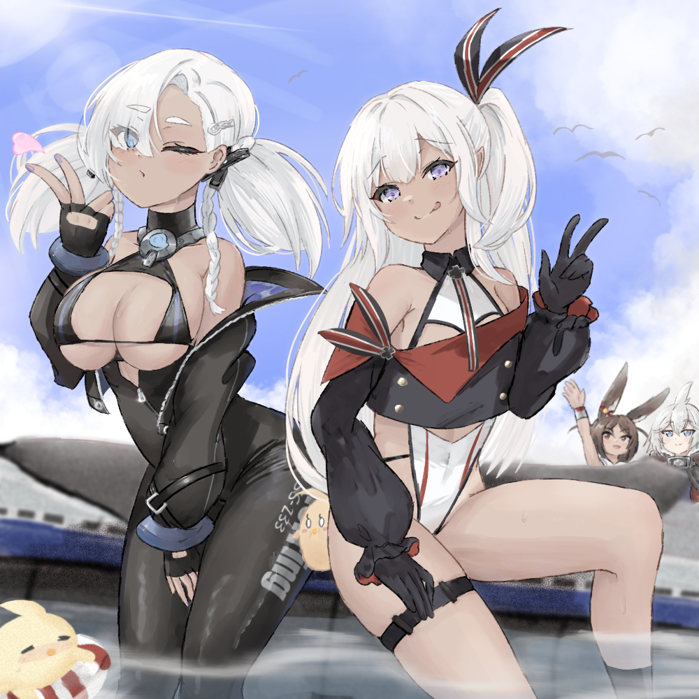 4girls :d :q ;) animal_ears azur_lane bare_legs bare_shoulders between_legs bikini bikini_under_clothes black_bikini black_gloves blue_eyes blush breasts brown_hair buttons commentary_request covered_navel crop_top cross dark-skinned_female dark_skin day diving_suit double-breasted fingerless_gloves fish_hair_ornament gloves hair_between_eyes hair_ornament hair_ribbon hand_between_legs hand_on_own_thigh hand_up heart herring_(azur_lane) hip_focus i-26_(azur_lane) iron_cross knee_up large_breasts leaning_forward long_hair long_sleeves looking_at_viewer medium_hair multiple_girls mumei_shumi off-shoulder_shirt off_shoulder one_eye_closed open_mouth outdoors partially_unzipped purple_eyes rabbit_ears rabbit_girl ribbon shirt side_ponytail sitting skin_tight skindentation small_breasts smile striped_ribbon sunlight swimsuit thigh_strap thighs tongue tongue_out u-110_(azur_lane) u-31_(azur_lane) v very_long_hair waving white_hair