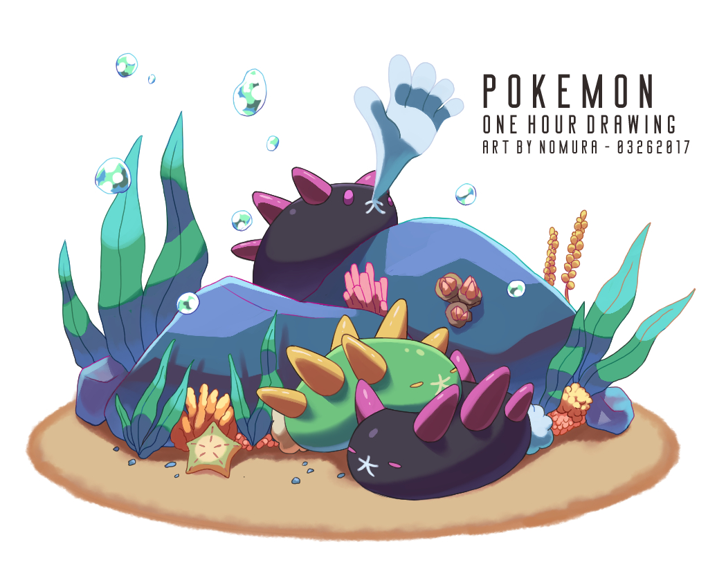 air_bubble alternate_color animal_focus artist_name barnacle bubble commentary_request copyright_name coral creatures_(company) english_text game_freak gen_7_pokemon nintendo no_humans nomura_(arumon) one-hour_drawing_challenge pebble pink_eyes pokemon pokemon_(creature) pokemon_focus pyukumuku rock sand seaweed shiny_and_normal shiny_pokemon starfish