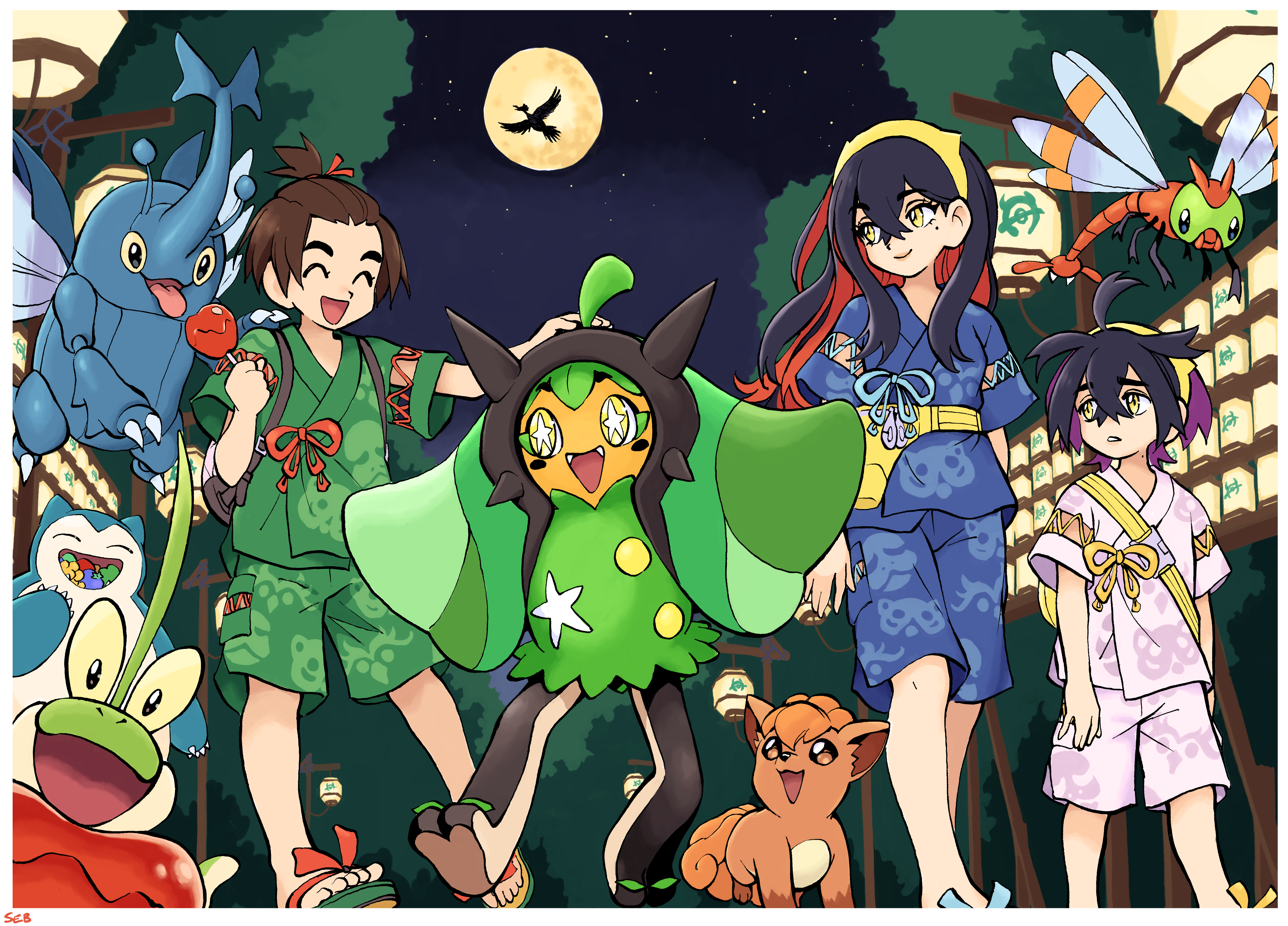 1girl 2boys :d absurdres blue_shirt blue_shorts border brown_hair candy_apple carmine_(pokemon) closed_eyes dipplin fanny_pack festival florian_(pokemon) food gen_1_pokemon gen_2_pokemon green_shirt green_shorts heracross highres ho-oh holding kieran_(pokemon) knees legendary_pokemon mixed-language_commentary moon multiple_boys night nintendo ogerpon open_mouth outdoors pokemon pokemon_(creature) pokemon_sv sandals seb shirt short_hair short_sleeves shorts sky smile snorlax standing star_(sky) toes vulpix white_border yanma yellow_bag