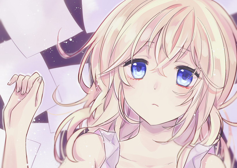 1girl anoko_(darenokoanoko) bare_shoulders blonde_hair blue_eyes closed_mouth commentary_request dress fingernails hair_between_eyes kingdom_hearts kingdom_hearts:_chain_of_memories kingdom_hearts_ii long_hair looking_at_viewer lying namine paper sleeveless sleeveless_dress solo upper_body white_dress