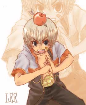1boy apple_on_head arrow_through_apple bandaid bandaid_on_cheek bandaid_on_face belt black_coat black_eyes black_pants championship_belt coat commentary_request cowboy_shot feliciel grey_hair looking_at_viewer lowres male_focus monk_(ragnarok_online) multicolored_coat open_mouth palm-fist_tap pants ragnarok_online red_coat short_hair short_sleeves solo v-shaped_eyebrows white_coat zoom_layer
