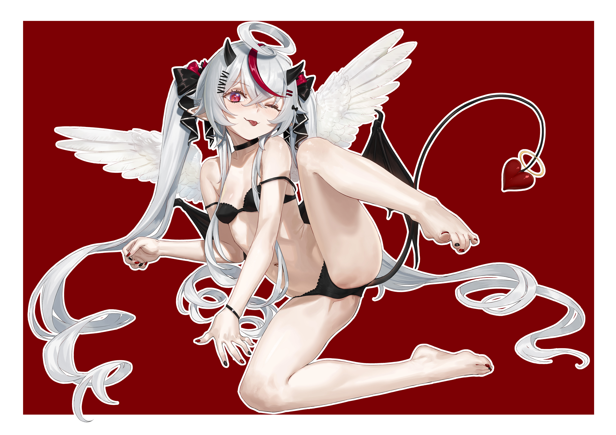 1girl agemmata alternate_costume alternate_hairstyle alternative_version_available black_bow black_bra black_horns black_panties bow bra crossed_bangs demon_tail feathered_wings feet full_body grey_hair hair_between_eyes hair_bow hair_ornament hair_spread_out hairclip horns long_sidelocks lying multicolored_hair nail_polish one_eye_closed one_leg_raised panties phase_connect pointy_ears red_background red_bow red_eyes red_hair remilia_nephys solo spread_toes streaked_hair tail tail_ornament toe-point toenail_polish toenails toes tongue tongue_out underwear very_long_sidelocks virtual_youtuber white_wings wiggling_toes wings wink