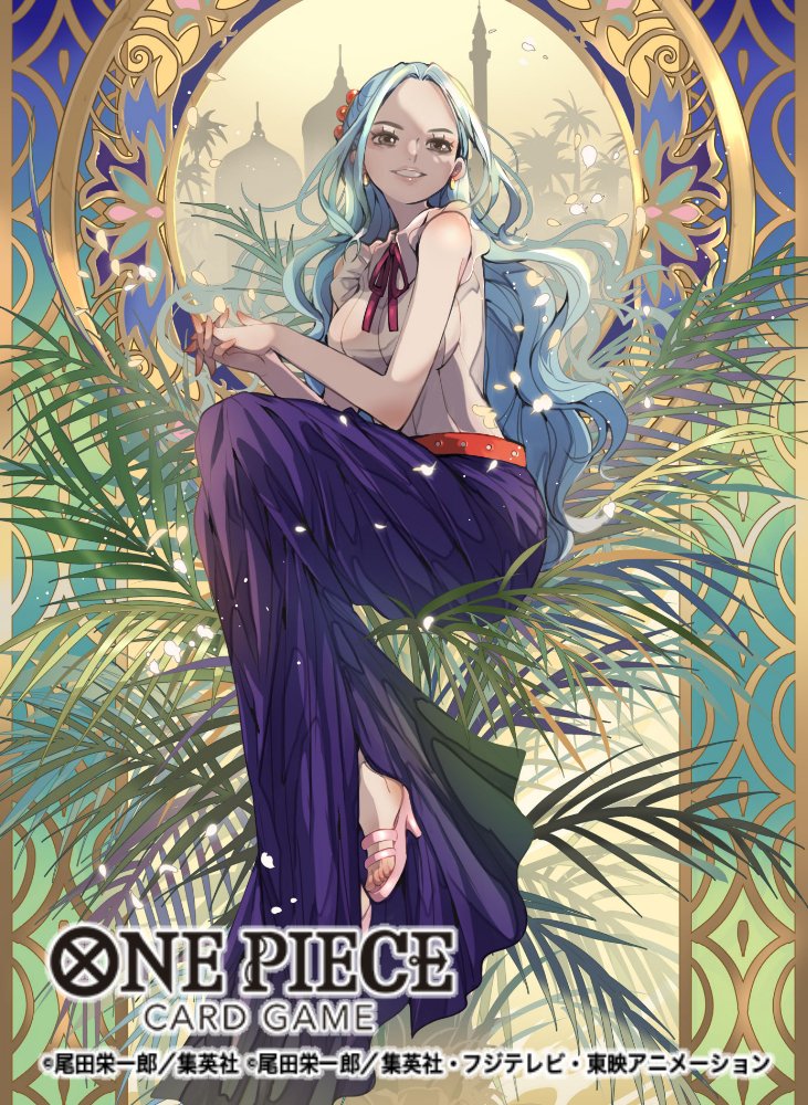 1girl blue_hair blue_skirt commentary_request copyright_name earrings eyelashes full_body high_heels interlocked_fingers jewelry long_hair long_skirt nanahara_shie neck_ribbon nefertari_vivi official_art one_piece one_piece_card_game pink_shoes ribbon shirt shoes sidelocks skirt sleeveless sleeveless_shirt smile solo