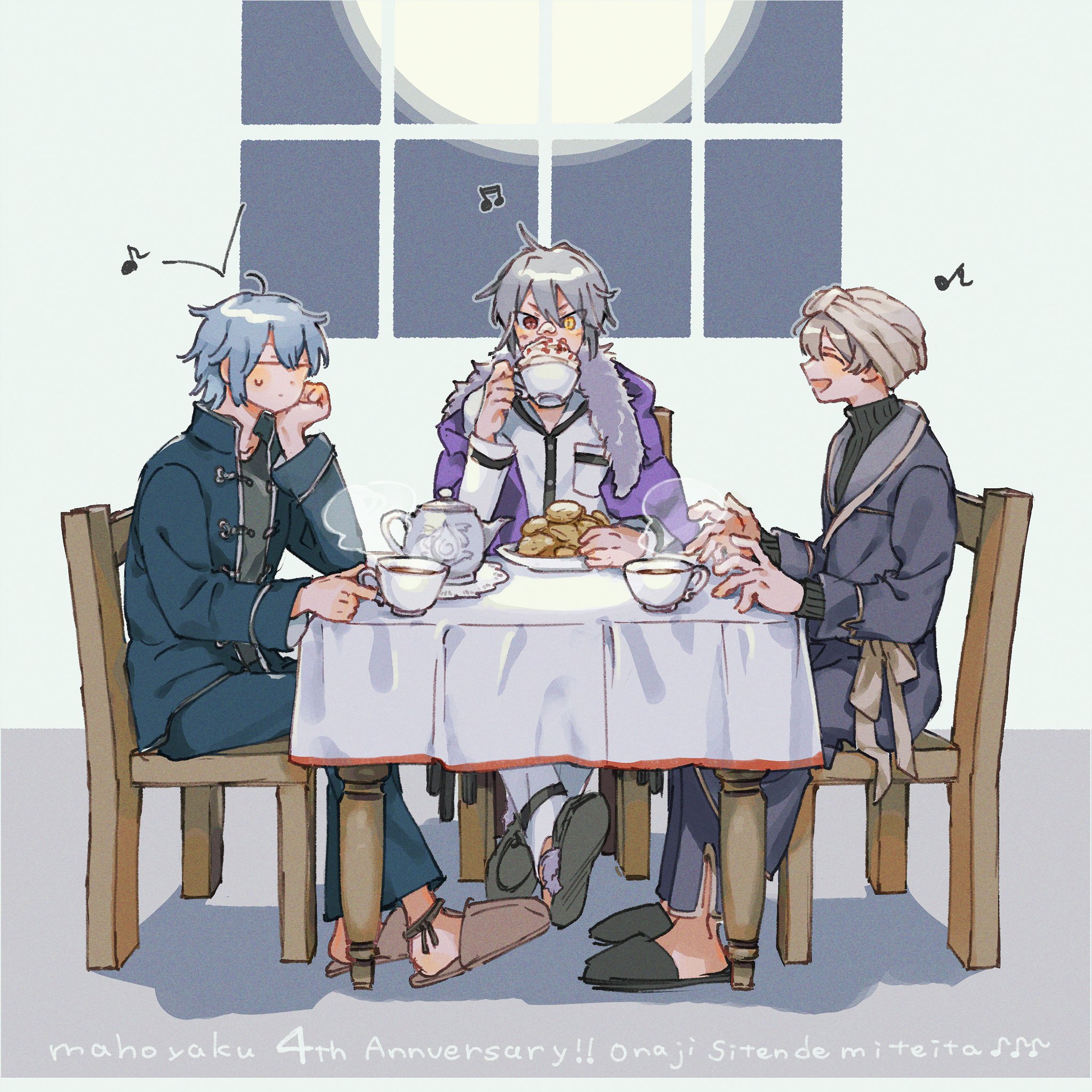 3boys ahogemarico anniversary blue_hair brown_hair chair closed_eyes coat cookie cup food full_moon fur-trimmed_coat fur_trim grey_hair head_on_hand heterochromia highres holding holding_cup mahoutsukai_no_yakusoku moon multiple_boys musical_note nero_turner owen_(mahoutsukai_no_yakusoku) pajamas rustica_ferch slippers smile steam sweatdrop sweater table teacup teapot turtleneck turtleneck_sweater whipped_cream window