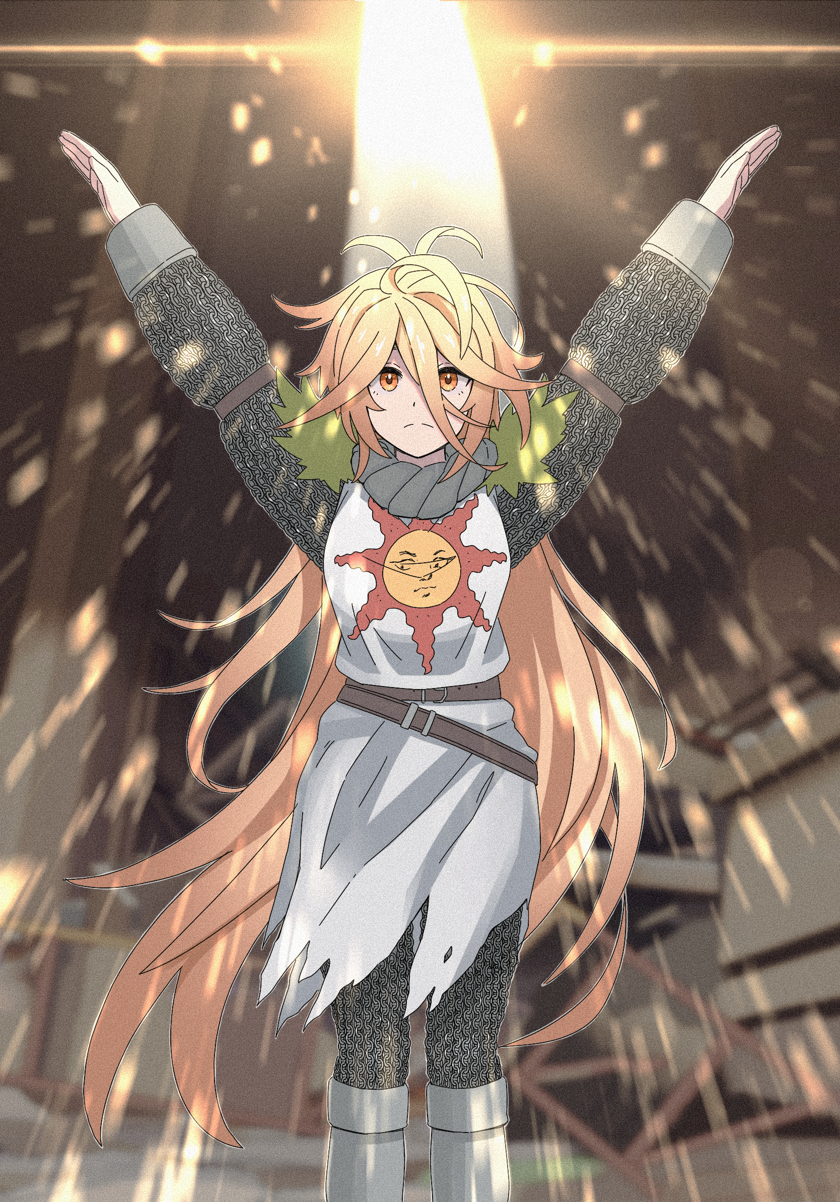 1girl ahoge armor arms_up belt blonde_hair capelet chainmail closed_mouth commission cosplay dark_souls_(series) dark_souls_i full_armor fur_capelet girls'_frontline girls'_frontline_neural_cloud greaves highres long_hair looking_at_viewer non-web_source pixiv_commission praise_the_sun sol_(neural_cloud) solaire_of_astora solaire_of_astora_(cosplay) solo sun_symbol tab_(tabkun) tabard yellow_eyes