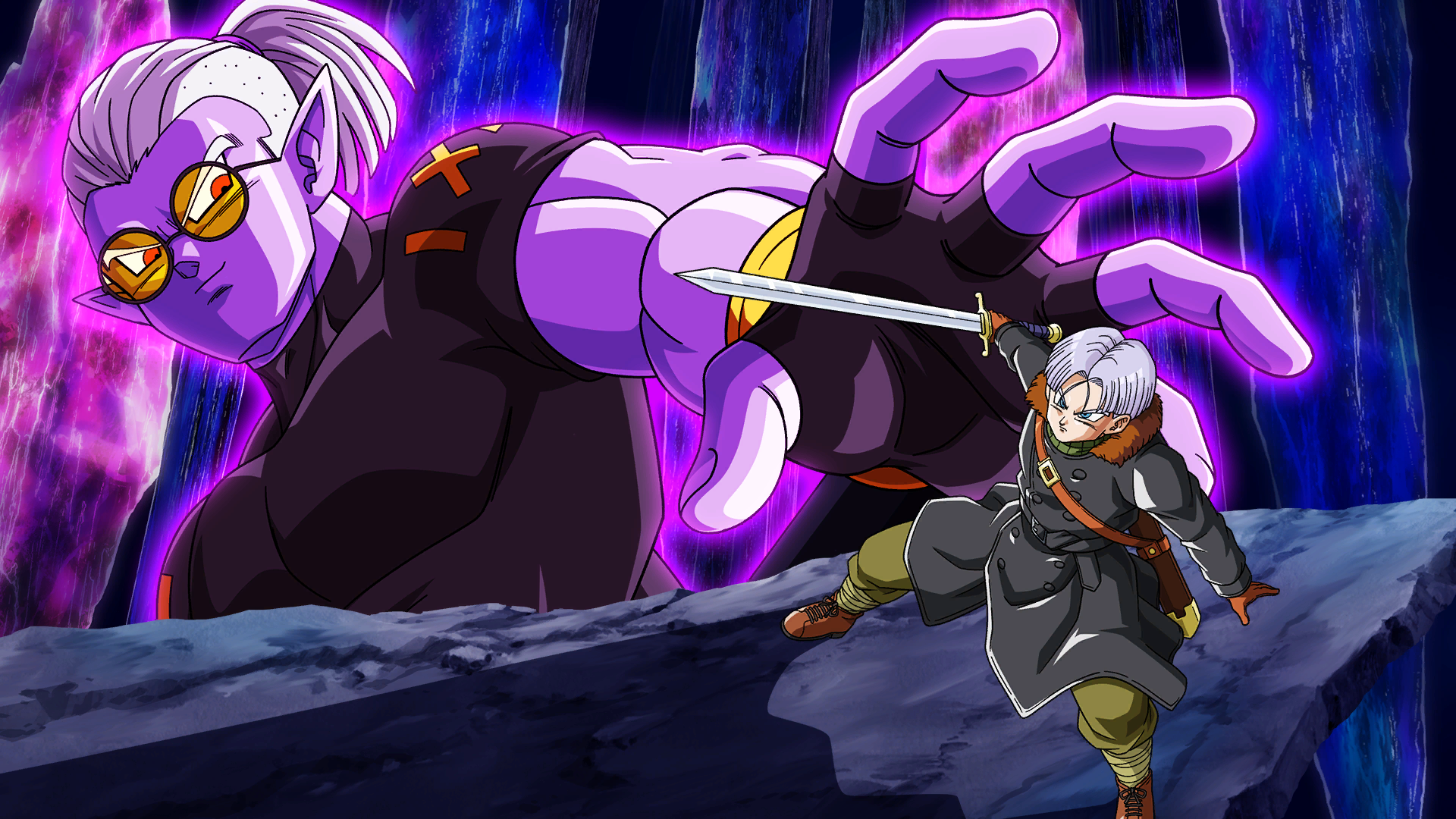 2boys artist_request black_gloves black_shirt blue_eyes bowl_cut brown_footwear brown_gloves character_logo coat colored_skin covered_pectorals crystal demon_boy dragon_ball dragon_ball_xenoverse fingerless_gloves fu_(dragon_ball) fur-trimmed_coat fur_trim game_cg glasses gloves hair_pulled_back highres holding holding_sword holding_weapon loading_screen looking_at_another looking_to_the_side male_focus multiple_boys muscular muscular_male official_art official_wallpaper open_hand overcoat parted_hair pectorals pointy_ears ponytail purple_hair purple_skin red_eyes round_eyewear shirt short_hair smirk sword third-party_source tinted_eyewear trunks_(dragon_ball) trunks_(future)_(dragon_ball) trunks_(future)_(xeno)_(dragon_ball) undercut weapon white_hair yellow-tinted_eyewear