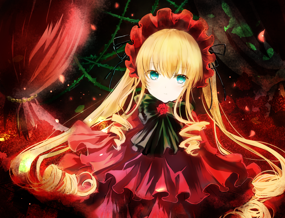 black_bow black_bowtie blonde_hair bonnet bow bowtie closed_mouth commentary_request curtains dress drill_hair drill_sidelocks flower frilled_bonnet frills green_eyes long_hair looking_at_viewer red_bonnet red_dress red_flower red_rose rose rozen_maiden ryukadomatsu shinku sidelocks thorns upper_body very_long_hair