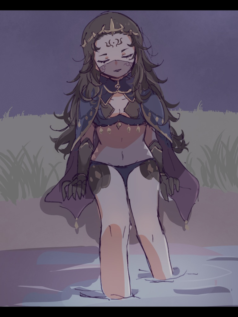 1girl bodystocking cape facial_mark feet_out_of_frame fire_emblem fire_emblem_fates forehead_mark messy_hair mouth_veil nintendo nyx_(fire_emblem) solo sorane_amus tiara veil water