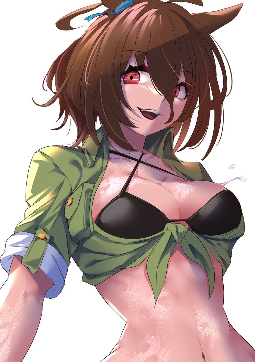 1girl agnes_tachyon_(lunatic_lab)_(umamusume) agnes_tachyon_(umamusume) animal_ears arms_at_sides bikini bikini_under_clothes black_bikini breasts brown_hair cleavage collared_jacket commentary_request criss-cross_halter ear_ornament empty_eyes green_jacket hair_between_eyes halterneck highres horse_ears jacket large_breasts linea_alba long_bangs looking_at_viewer medium_hair navel official_alternate_costume open_mouth red_eyes short_sleeves simple_background smile solo stomach strap_gap swimsuit tied_jacket umamusume wet white_background wing_collar yakuoyoso