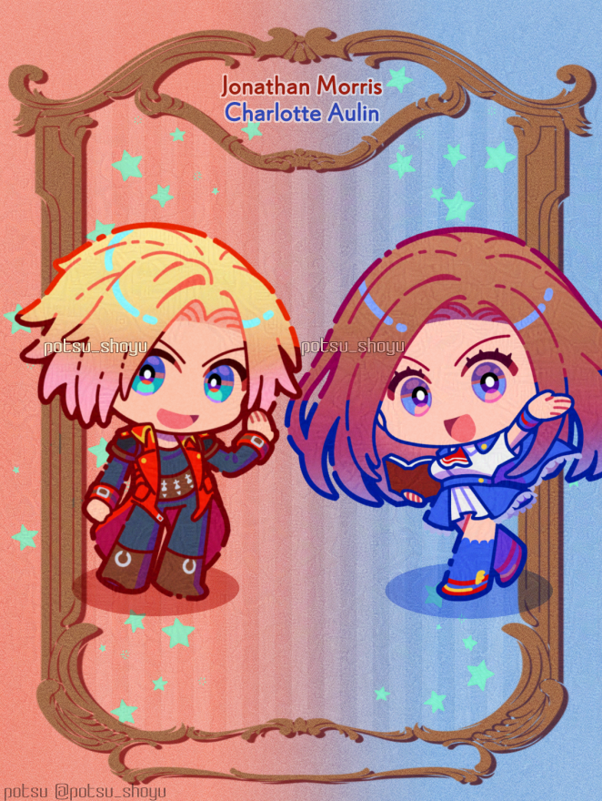 1boy 1girl blonde_hair blue_eyes brown_hair castlevania:_portrait_of_ruin castlevania_(series) charlotte_aulin chibi jonathan_morris konami long_hair skirt