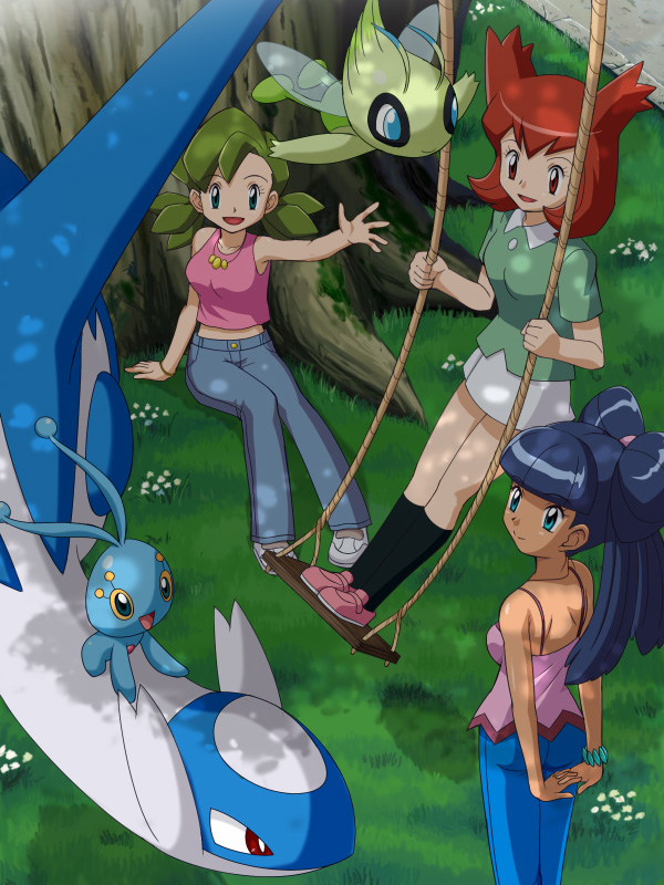 3girls bianca_(pokemon_heroes) blue_hair celebi dark-skinned_female dark_skin diana_(pokemon) gen_2_pokemon gen_3_pokemon gen_4_pokemon green_hair latias latios legendary_pokemon lizabeth_(pokemon) manaphy multiple_girls mythical_pokemon nintendo on_swing pokemoa pokemon pokemon_(anime) pokemon_(classic_anime) pokemon_(creature) pokemon_4ever_-_celebi:_the_voice_of_the_forest pokemon_heroes:_latios_&amp;_latias pokemon_ranger_and_the_temple_of_the_sea pokemon_rse_(anime) red_hair standing standing_on_swing swing